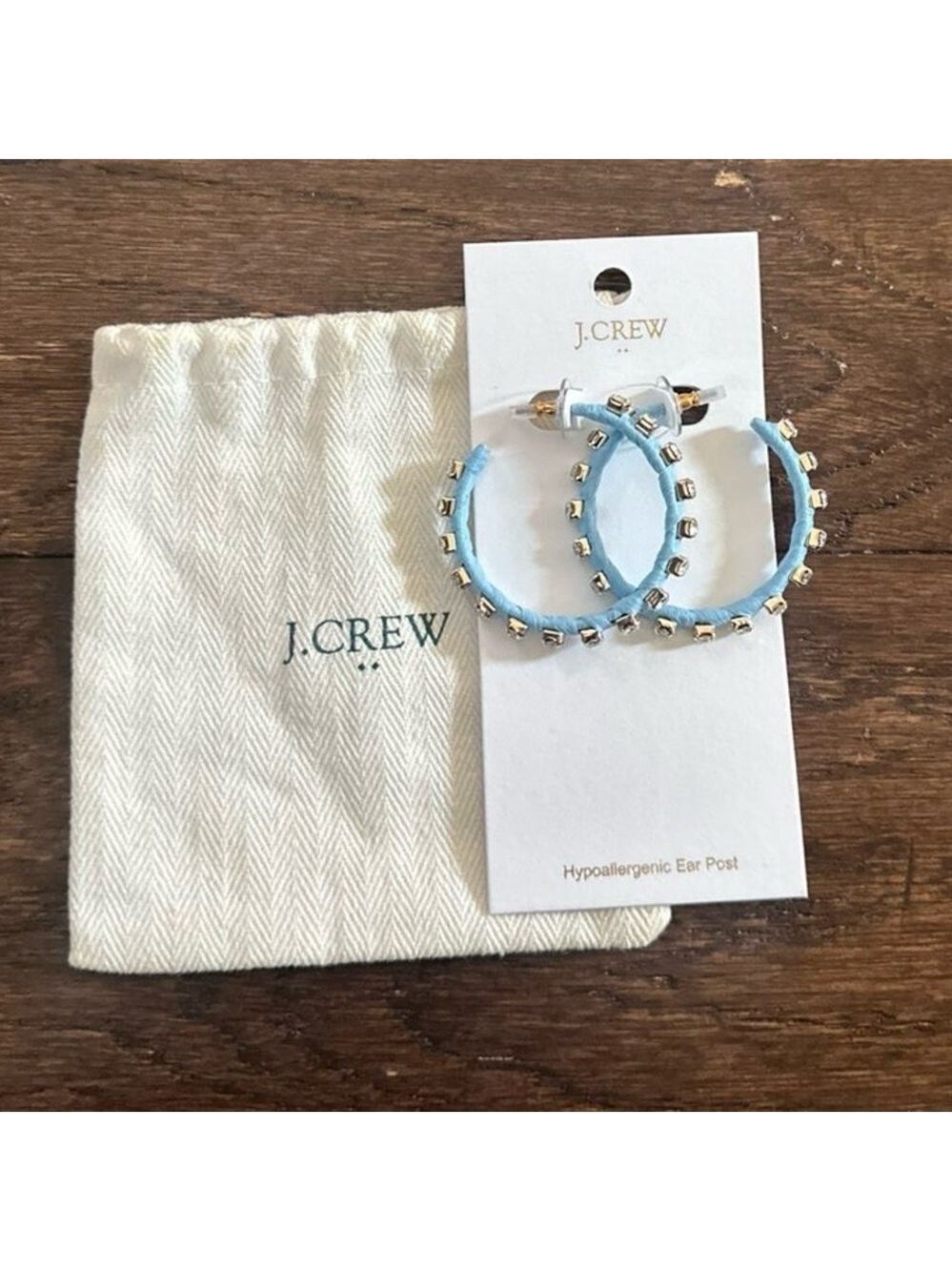 J.Crew-Woven rhinestone wrapped hoop earrings-blue-NWT - Picture 5 of 7